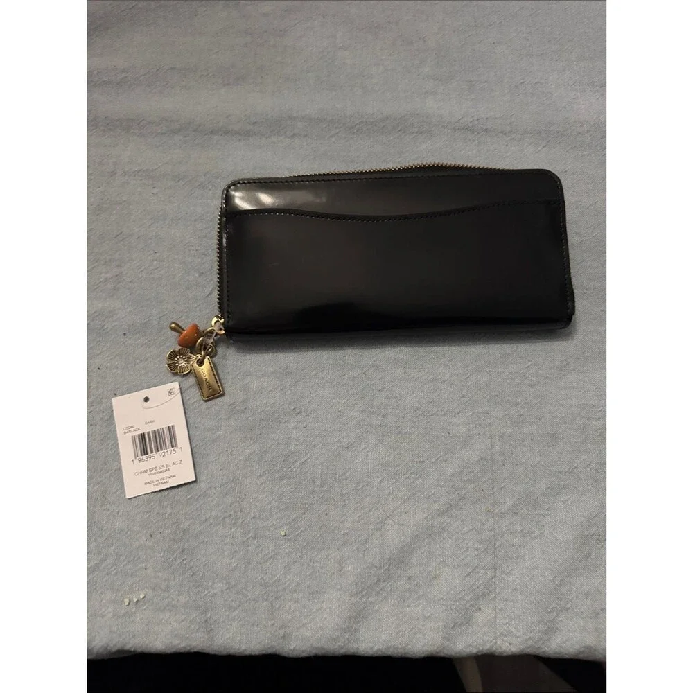 Coach Black Slim Accordion Patent Zip Wallet with Gold Brass Charms
